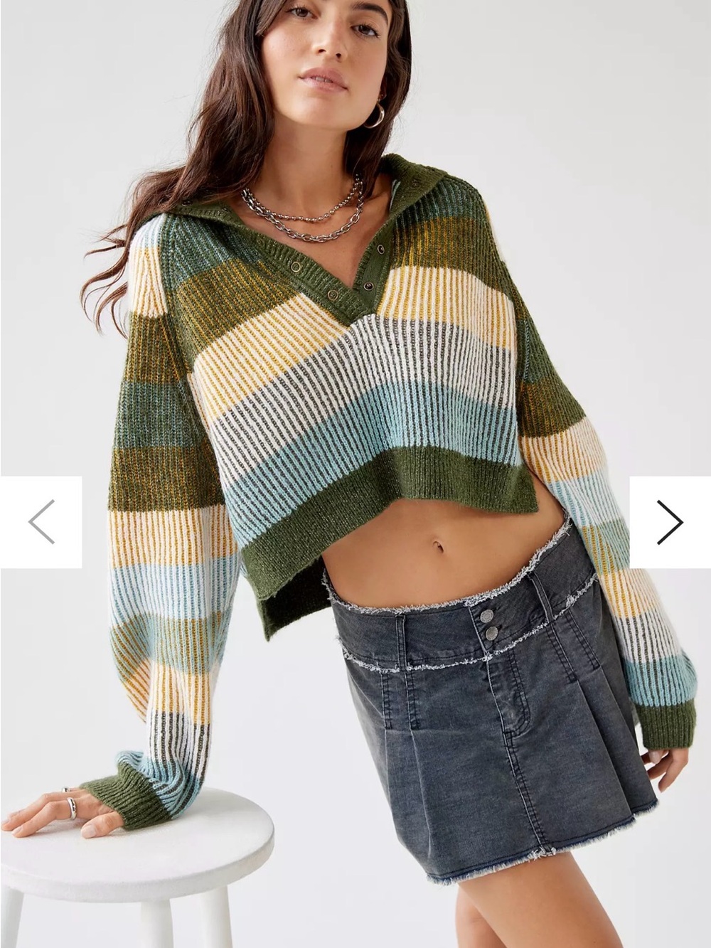 BDG Striped Cropped V-Neck Sweater in Olive, Cream & Sky Blue
